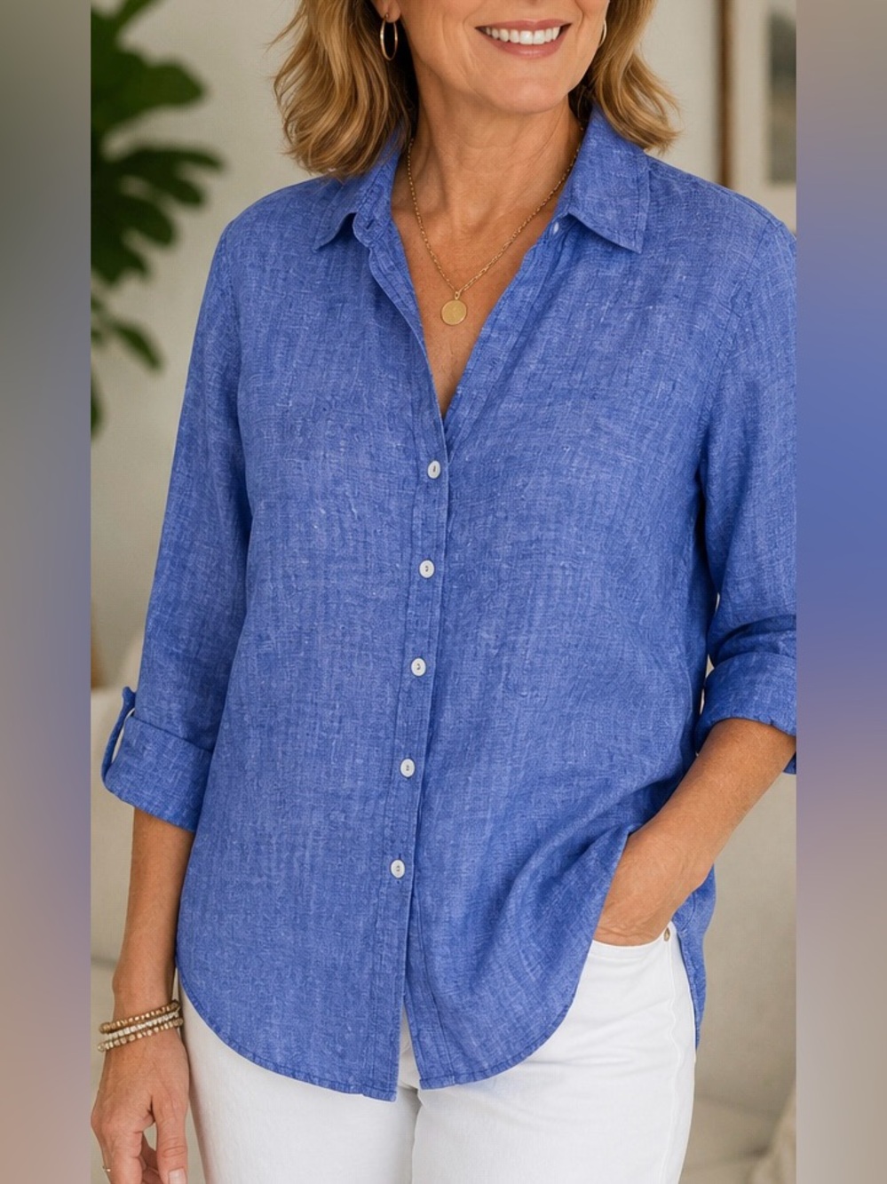 Foxcroft NYC 100% Linen Button Front Shirt XL Blue Relaxed Fit